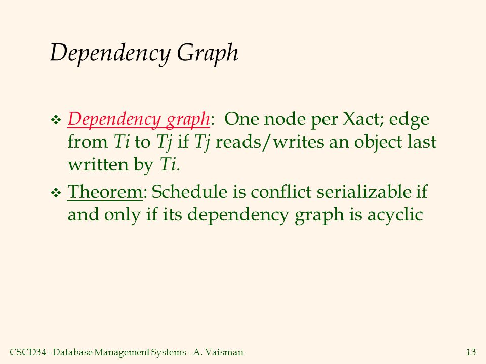 Dependency Graph Dependency graph: One node per Xact; edge from Ti to Tj if Tj reads/writes an object last written by Ti.