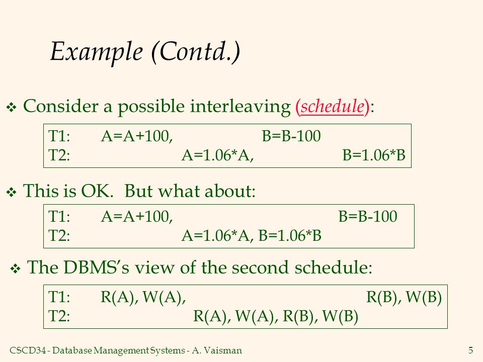 Example (Contd.) Consider a possible interleaving (schedule):