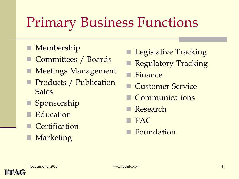 Primary Business Functions