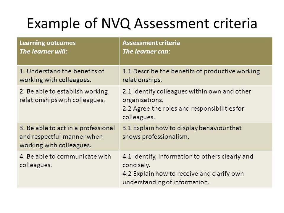 Example of NVQ Assessment criteria