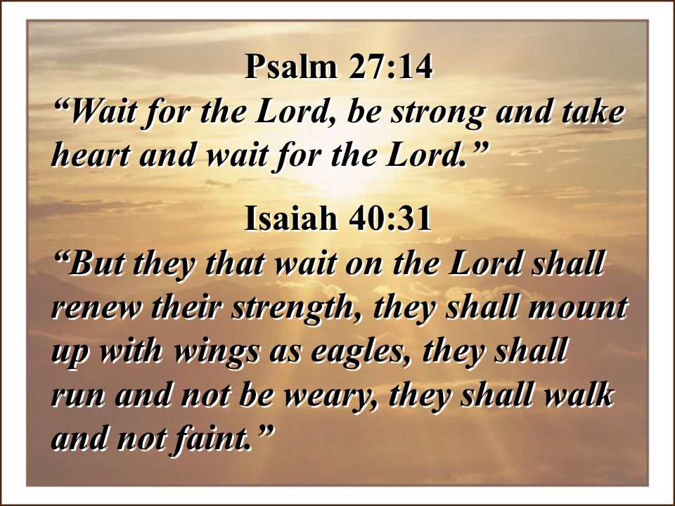 Psalm 27:14 Wait for the Lord, be strong and take heart and wait for the Lord. Isaiah 40:31.