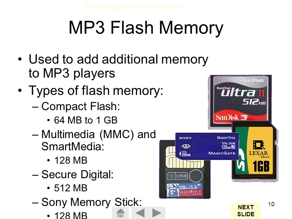 MP3 Flash Memory Used to add additional memory to MP3 players