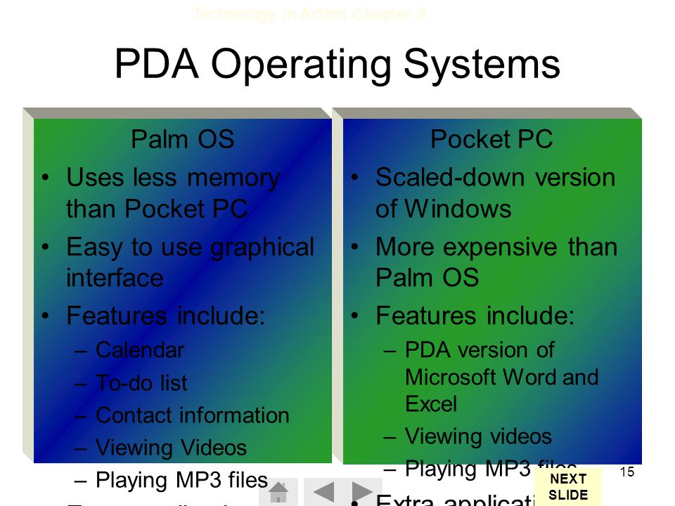 PDA Operating Systems Palm OS Uses less memory than Pocket PC