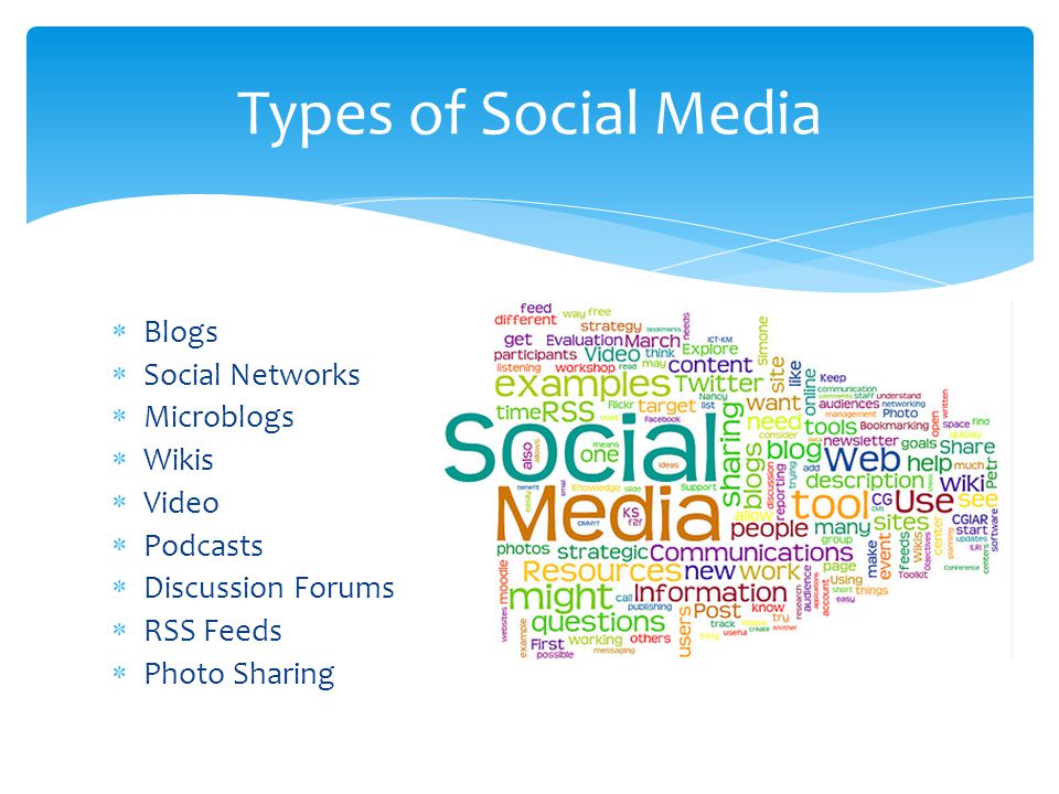 Types of Social Media Blogs Social Networks Microblogs Wikis Video