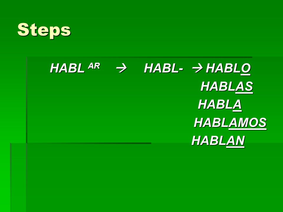 Steps HABL AR  HABL-  HABLO HABLAS HABLA HABLAMOS HABLAN
