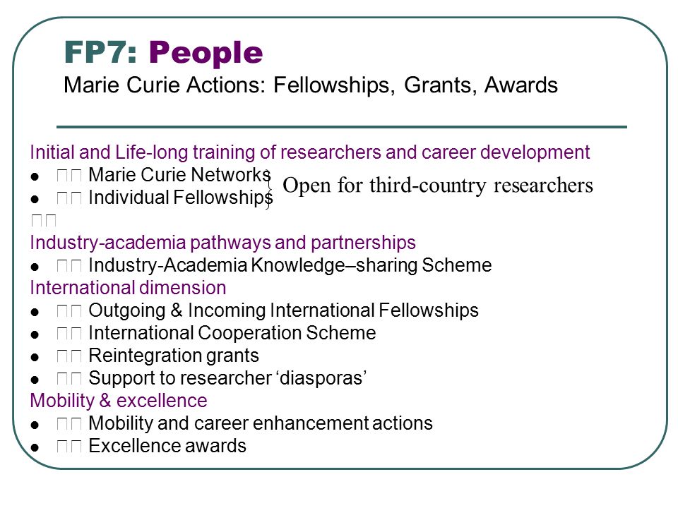 FP7: People Marie Curie Actions: Fellowships, Grants, Awards