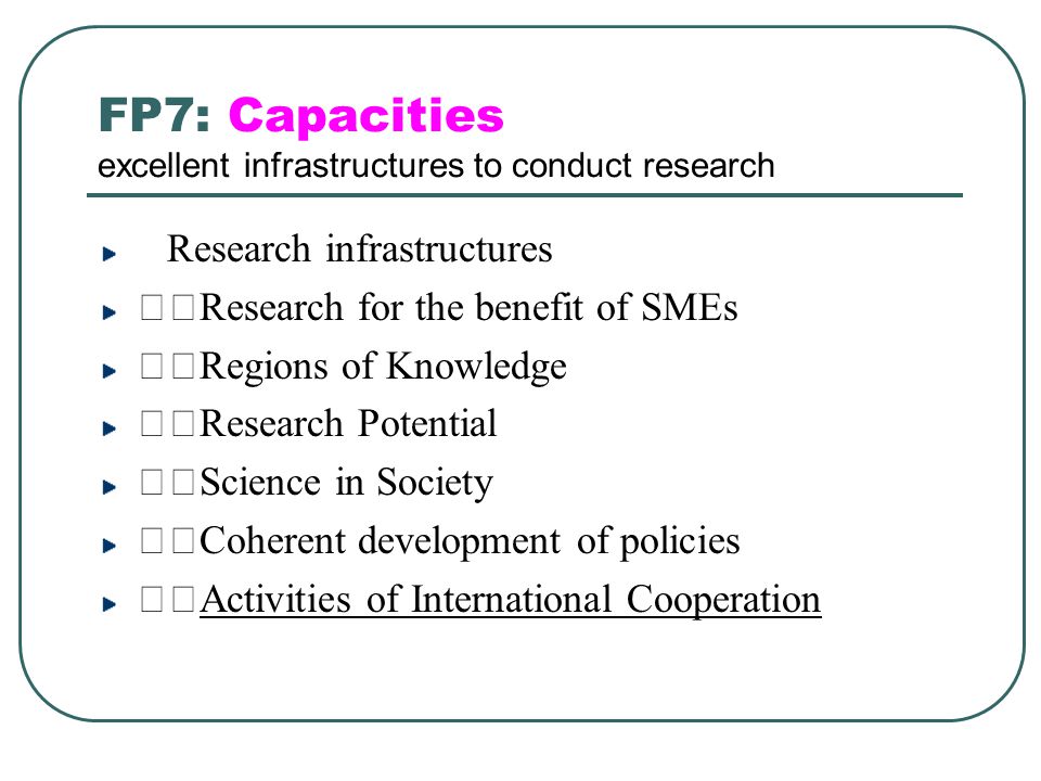 FP7: Capacities excellent infrastructures to conduct research