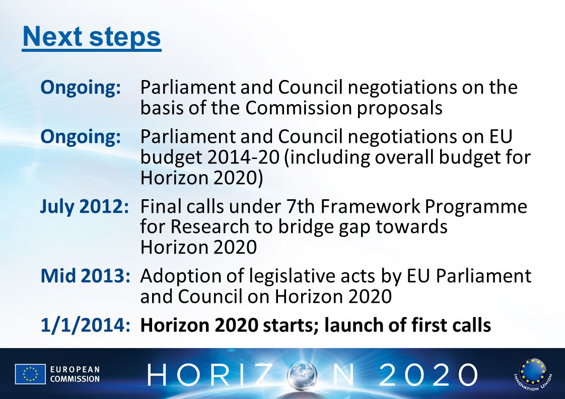 Next steps Ongoing: Parliament and Council negotiations on the basis of the Commission proposals.