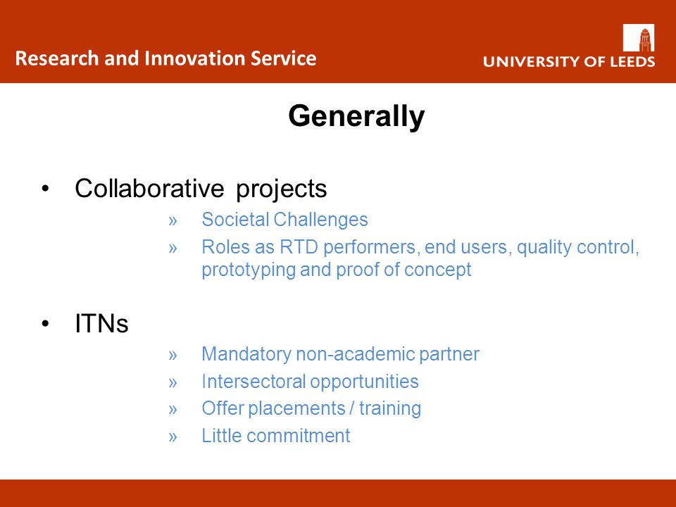 Generally Collaborative projects ITNs Research and Innovation Service
