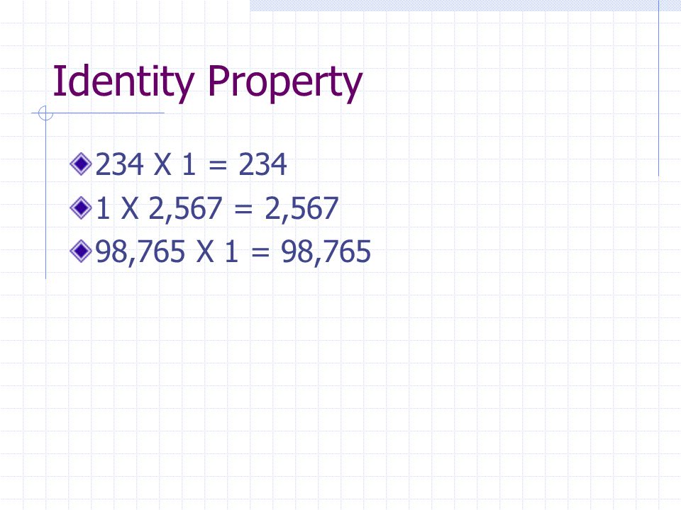 Identity Property 234 X 1 = X 2,567 = 2,567 98,765 X 1 = 98,765