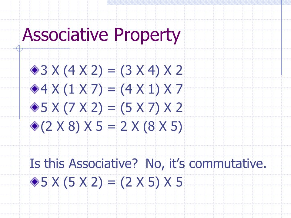 Associative Property 3 X (4 X 2) = (3 X 4) X 2