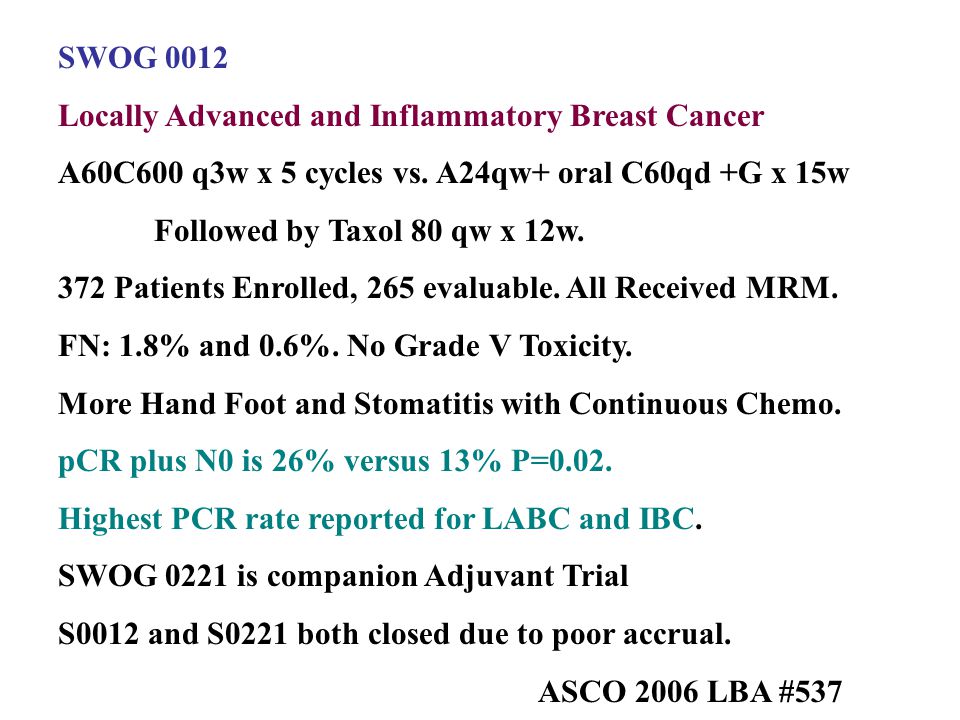 SWOG 0012 Locally Advanced and Inflammatory Breast Cancer. A60C600 q3w x 5 cycles vs. A24qw+ oral C60qd +G x 15w.