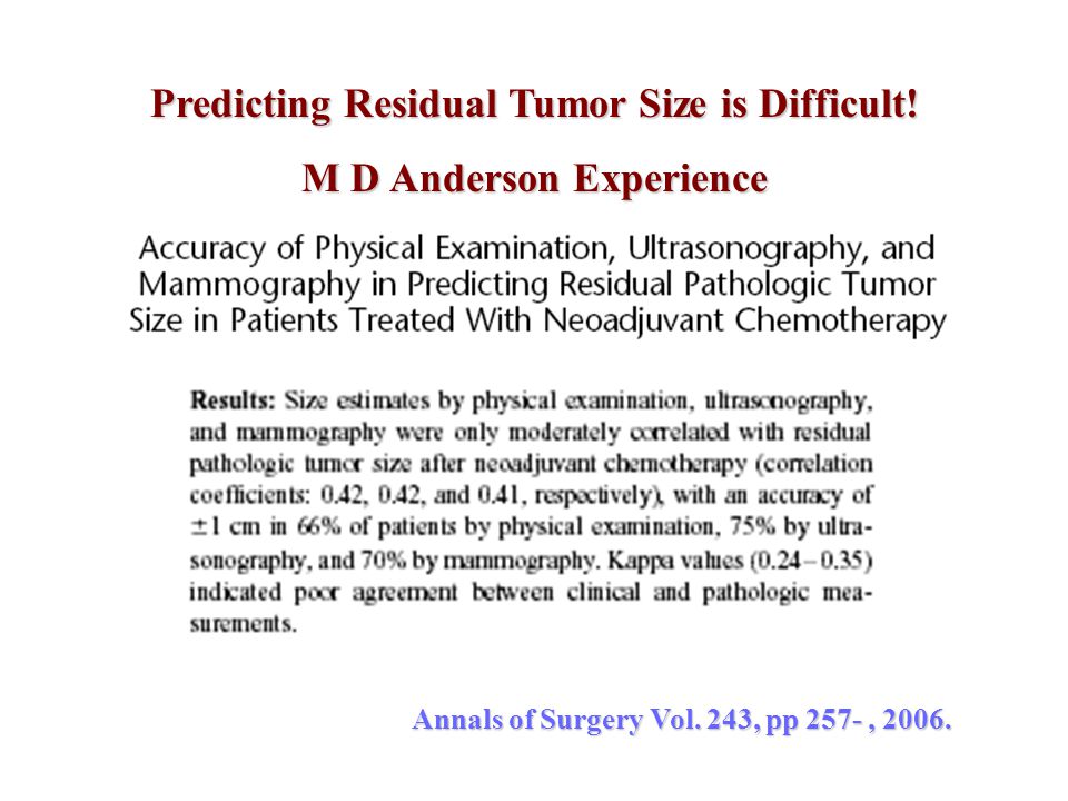 Predicting Residual Tumor Size is Difficult! M D Anderson Experience