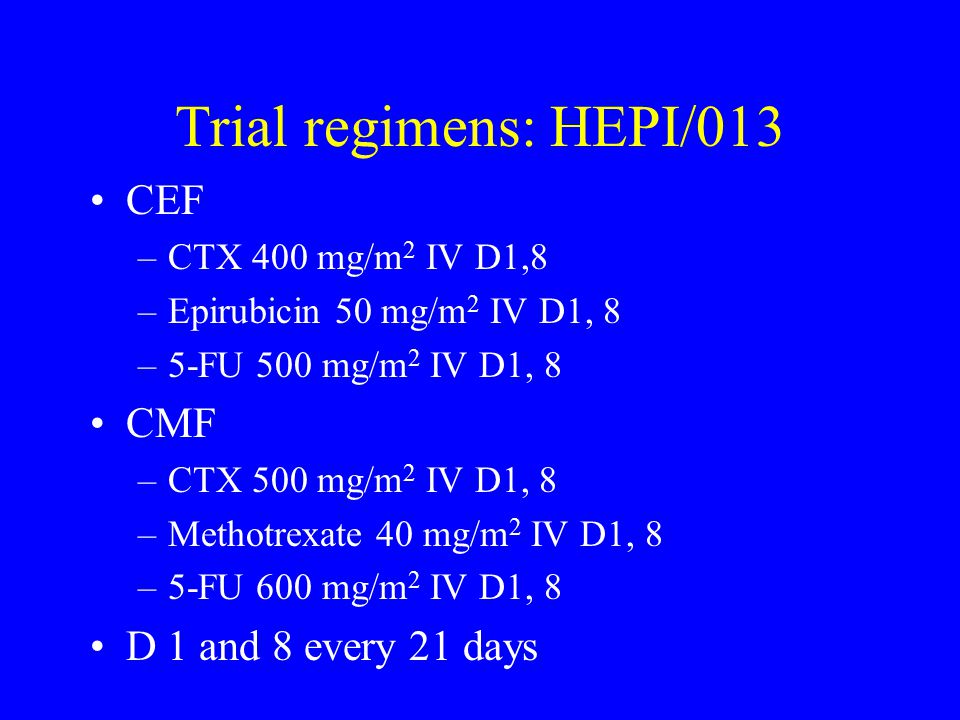 Trial regimens: HEPI/013 CEF CMF D 1 and 8 every 21 days