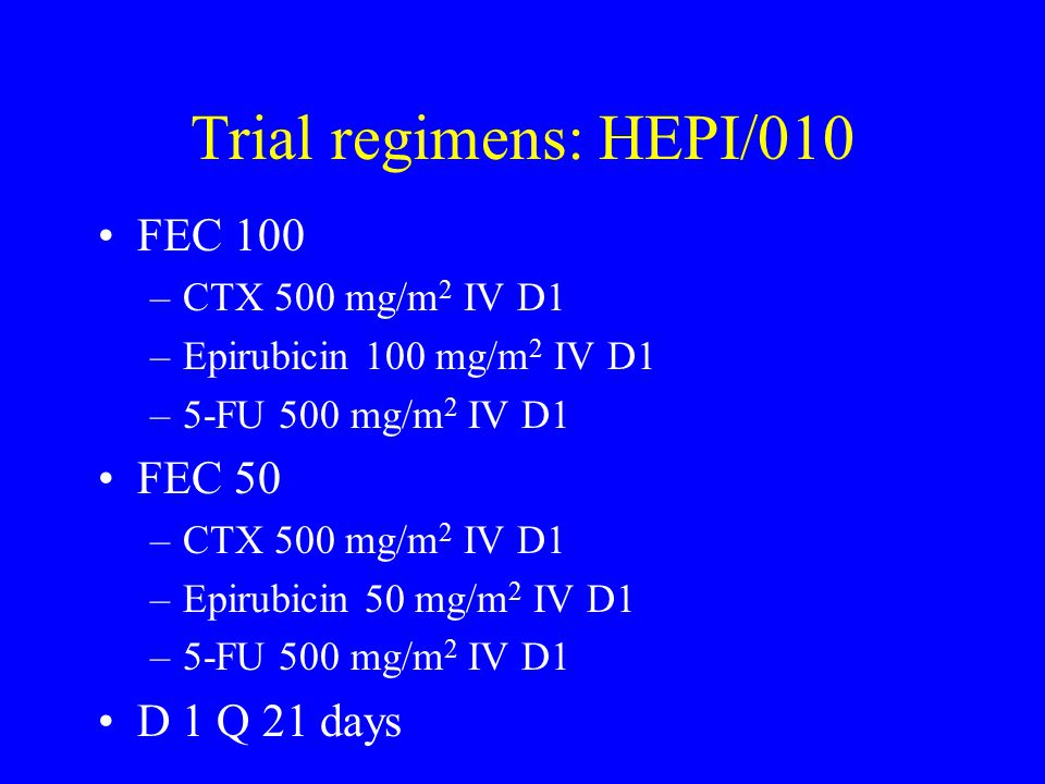 Trial regimens: HEPI/010 FEC 100 FEC 50 D 1 Q 21 days