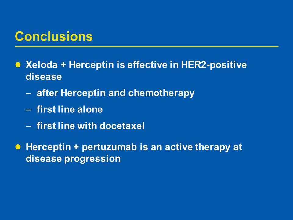 Conclusions Xeloda + Herceptin is effective in HER2-positive disease
