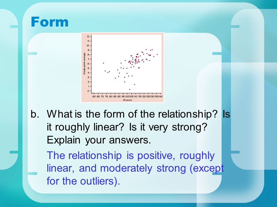 Form What is the form of the relationship Is it roughly linear Is it very strong Explain your answers.