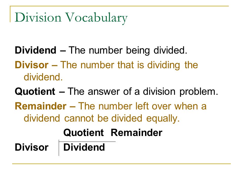 Division Vocabulary Dividend – The number being divided.