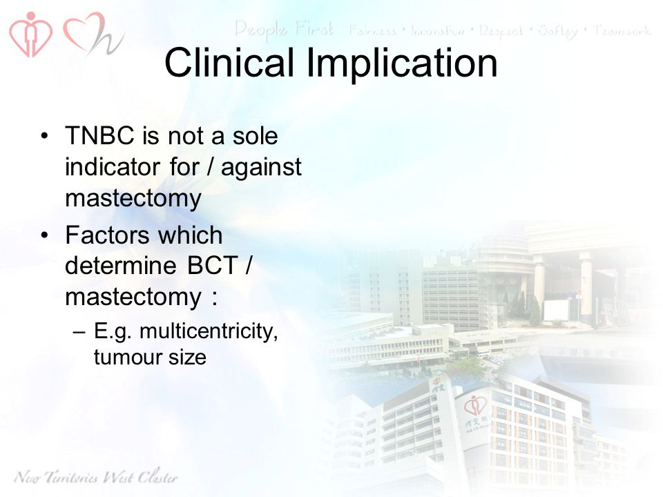 Clinical Implication TNBC is not a sole indicator for / against mastectomy. Factors which determine BCT / mastectomy :