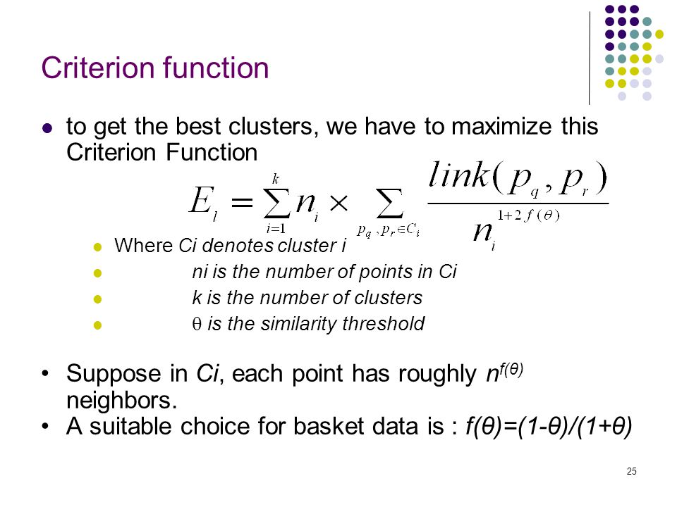 Criterion function to get the best clusters, we have to maximize this Criterion Function. Where Ci denotes cluster i.