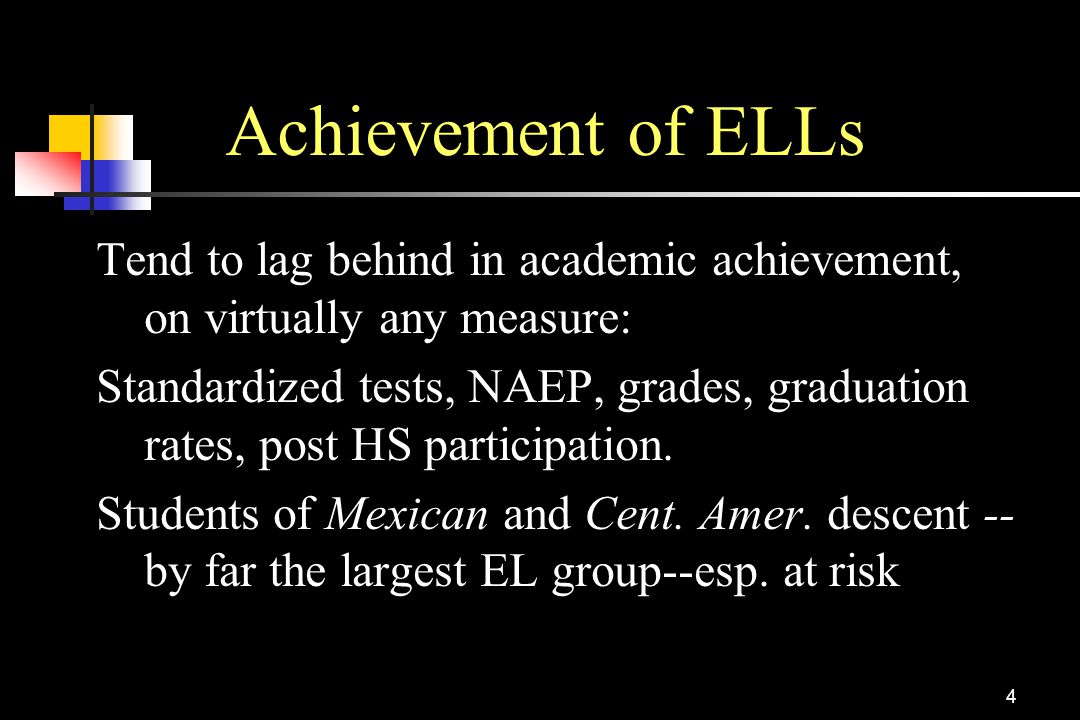 Achievement of ELLs Tend to lag behind in academic achievement, on virtually any measure: