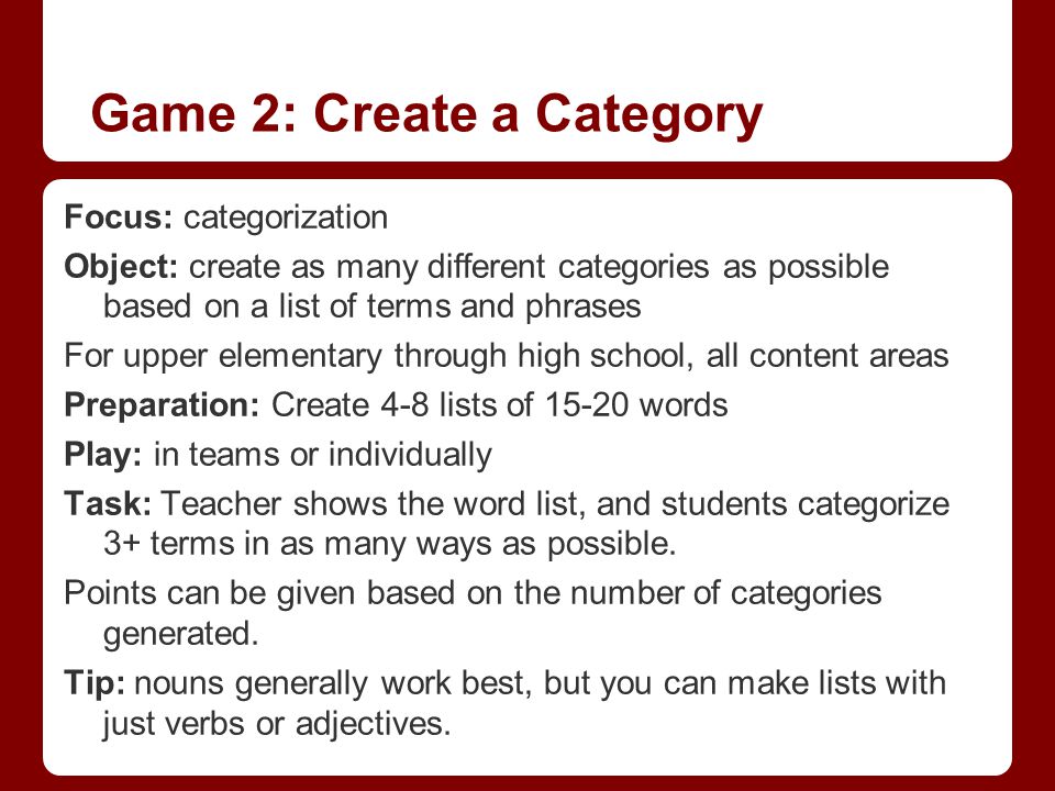 Game 2: Create a Category