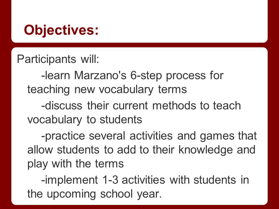 Objectives: Participants will: