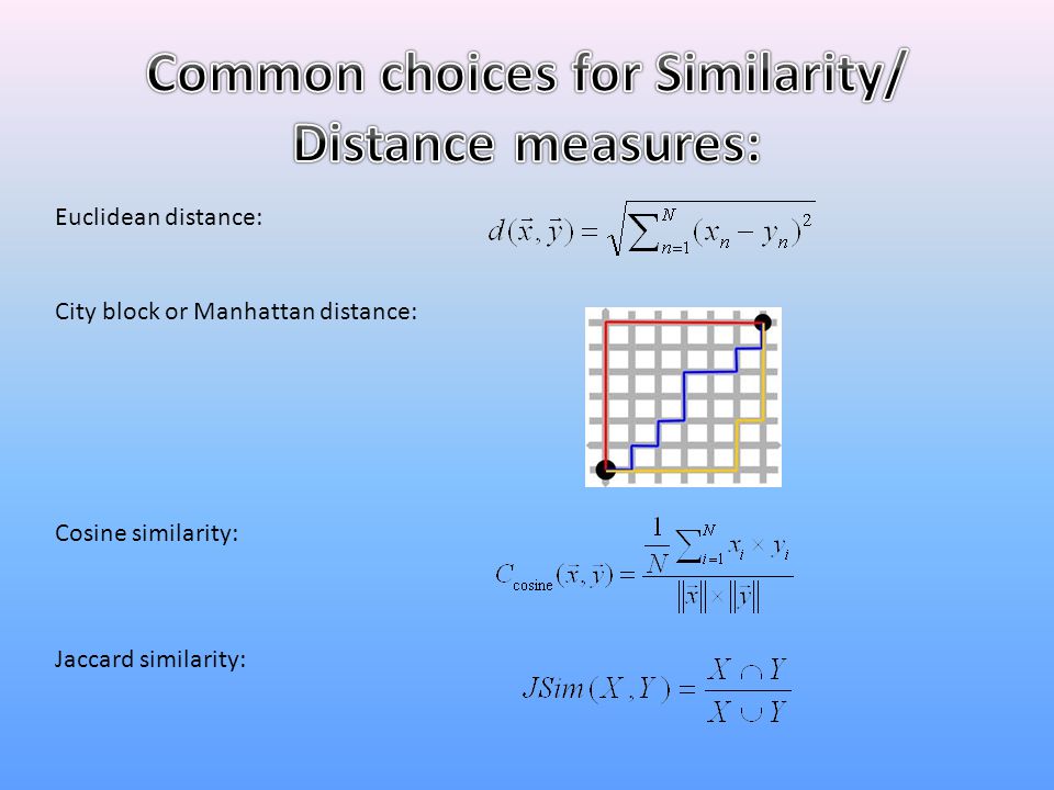 Common choices for Similarity/ Distance measures: