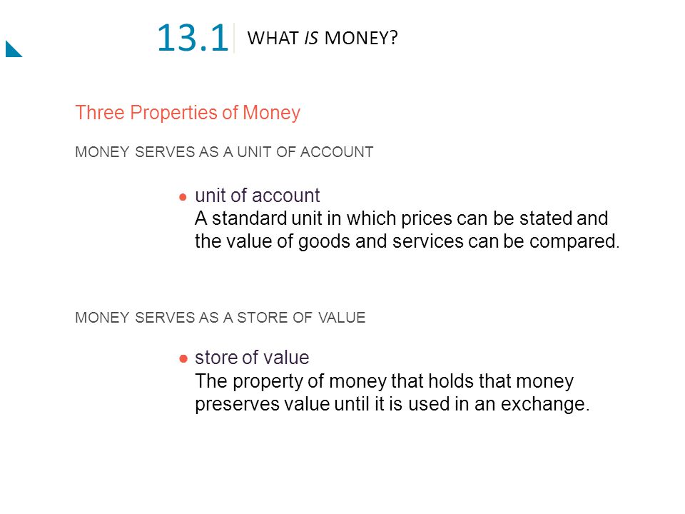 13.1 WHAT IS MONEY Three Properties of Money