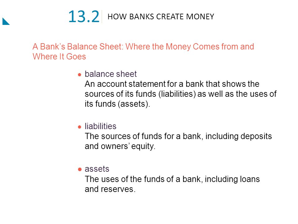 13.2 HOW BANKS CREATE MONEY. A Bank’s Balance Sheet: Where the Money Comes from and Where It Goes.
