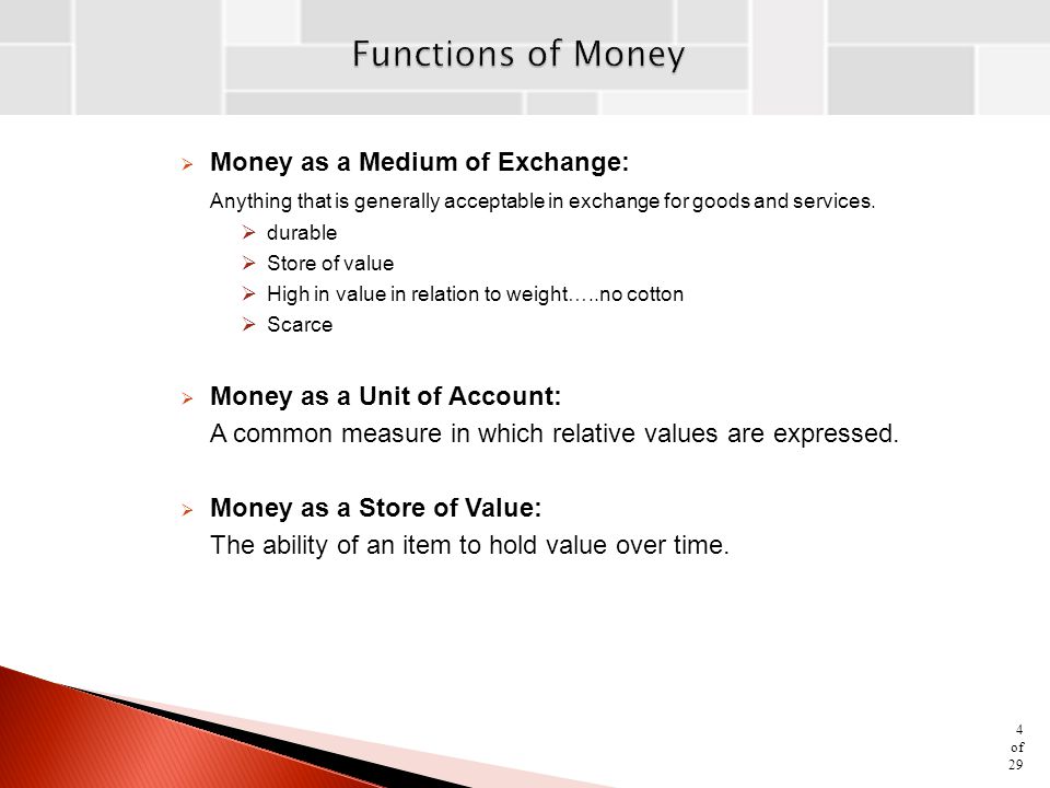 Functions of Money Money as a Medium of Exchange: