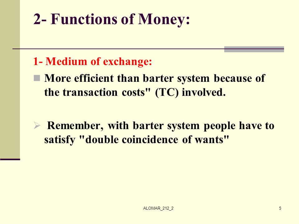 2- Functions of Money: 1- Medium of exchange: