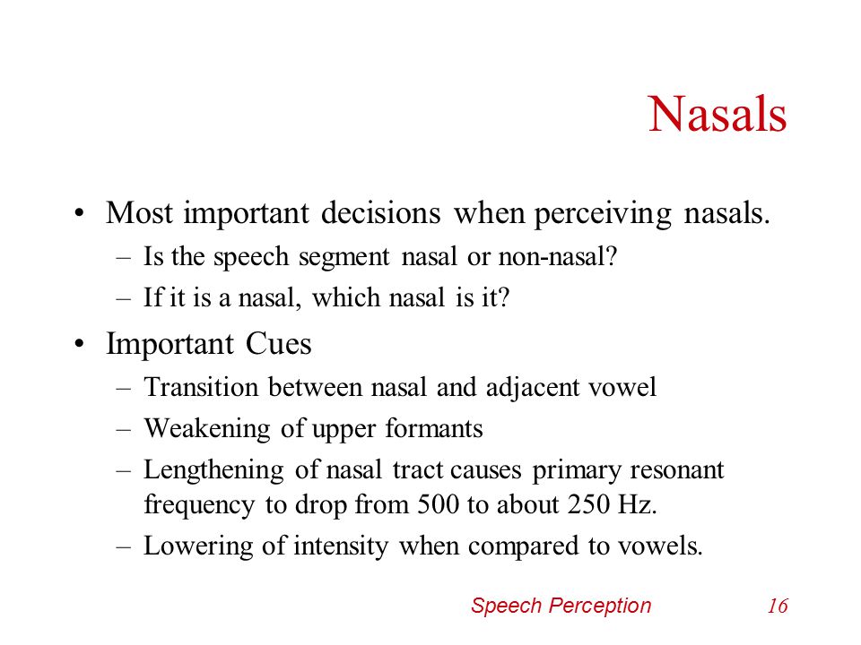 Nasals Most important decisions when perceiving nasals. Important Cues