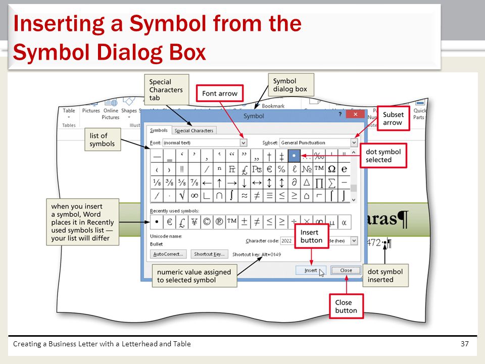 Inserting a Symbol from the Symbol Dialog Box