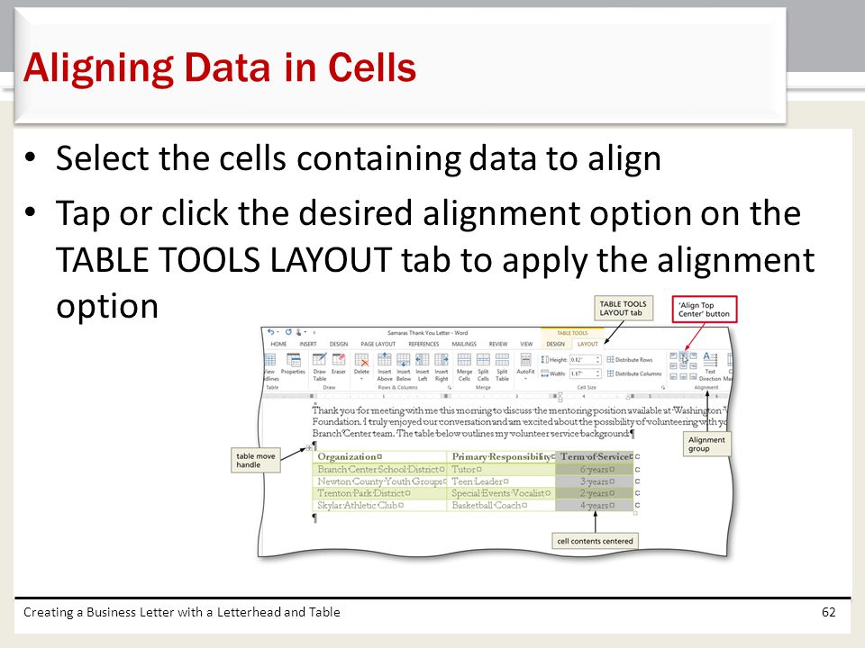 Aligning Data in Cells Select the cells containing data to align