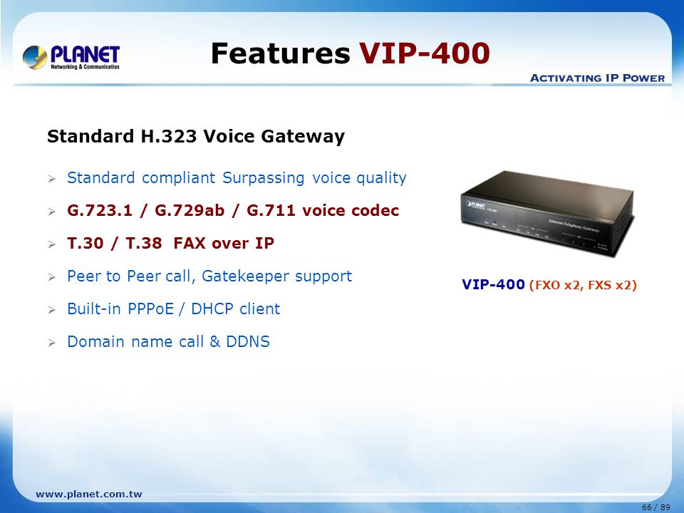 Features VIP-400 Standard H.323 Voice Gateway