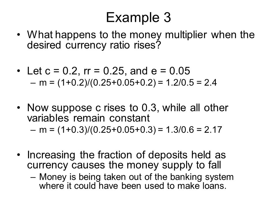 Example 3 What happens to the money multiplier when the desired currency ratio rises Let c = 0.2, rr = 0.25, and e =