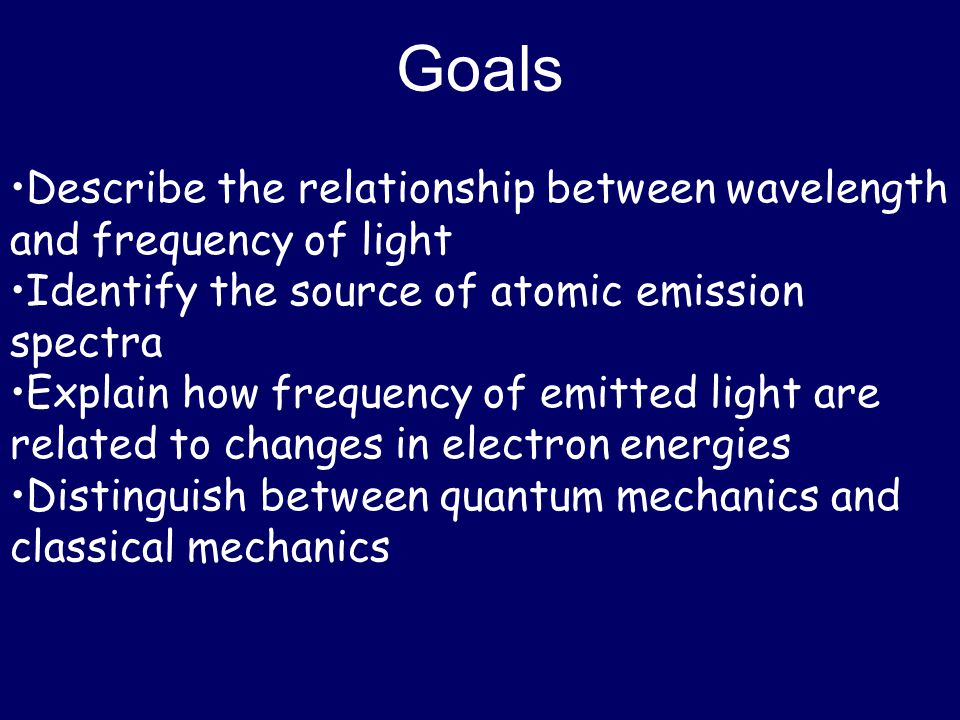 Goals •Describe the relationship between wavelength and frequency of light. •Identify the source of atomic emission spectra.