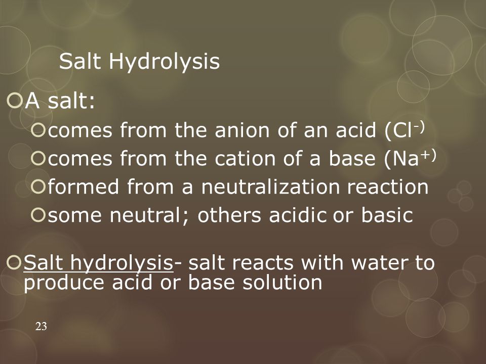 A salt: Salt Hydrolysis comes from the anion of an acid (Cl-)