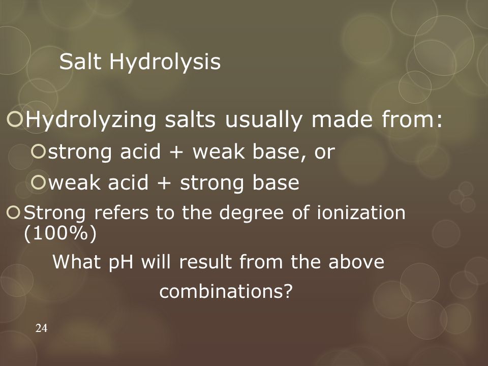 Hydrolyzing salts usually made from: