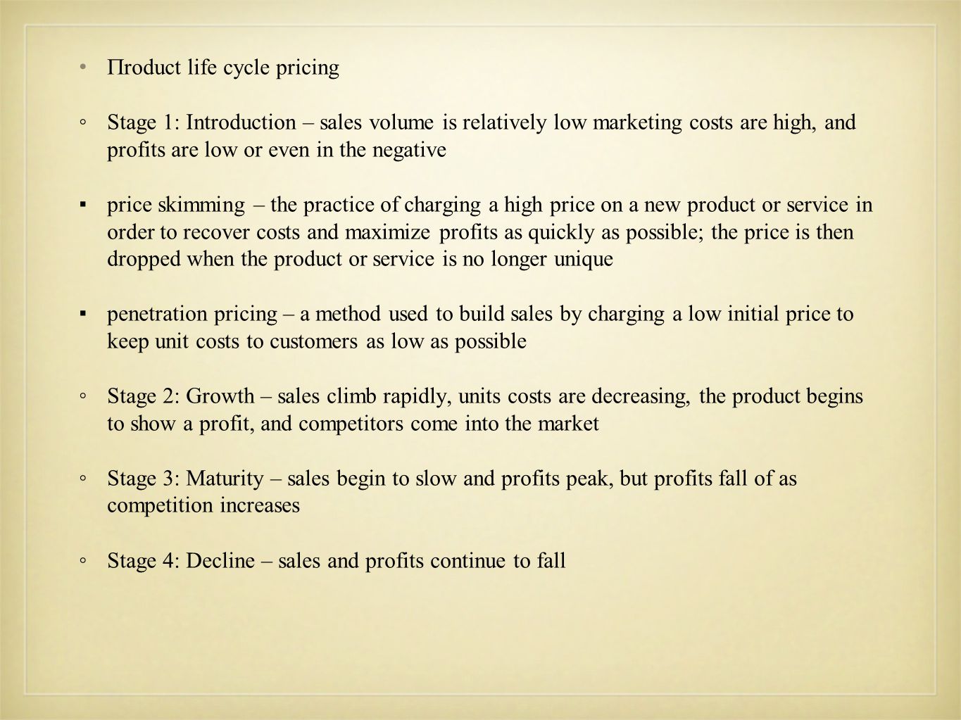 roduct life cycle pricing