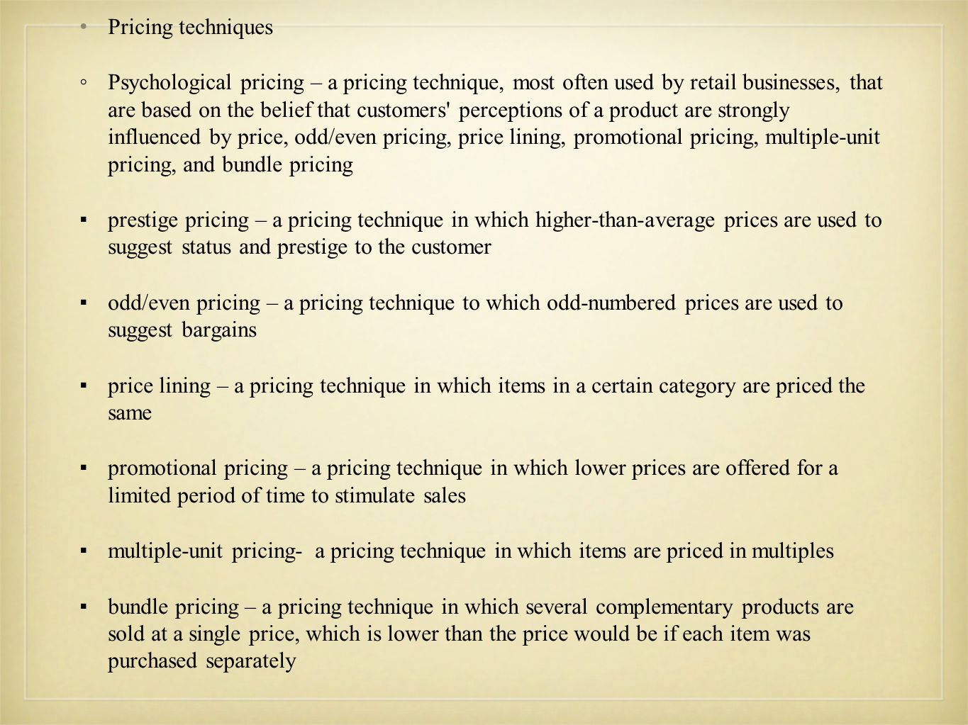 Pricing techniques