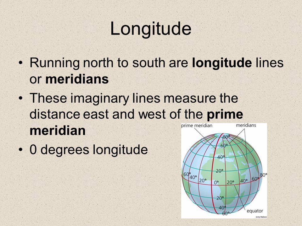 Longitude Running north to south are longitude lines or meridians