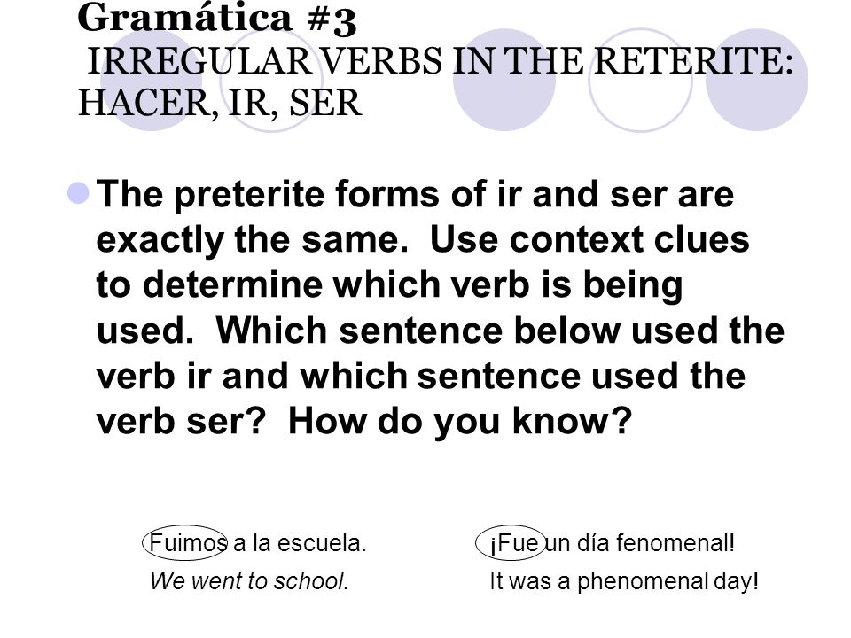 Gramática #3 IRREGULAR VERBS IN THE RETERITE: HACER, IR, SER