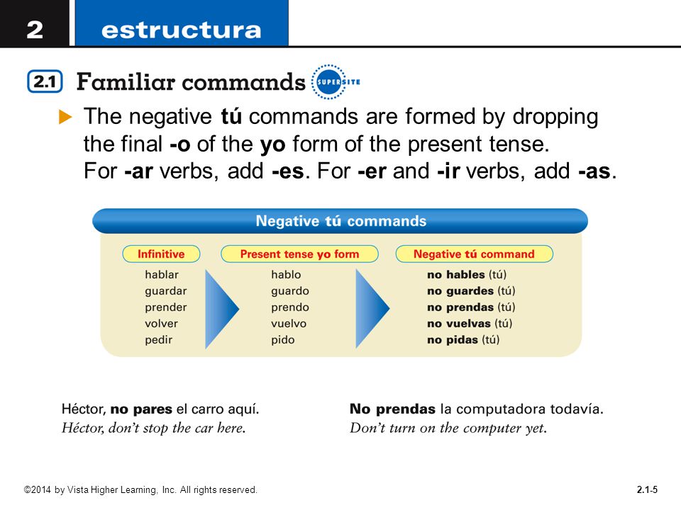 The negative tú commands are formed by dropping the final -o of the yo form of the present tense. For -ar verbs, add -es. For -er and -ir verbs, add -as.