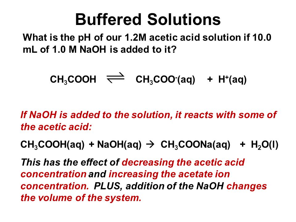 Unit 4-5: Acids and Bases 3 Buffered Solutions. What is the pH of our 1.2M acetic acid solution if 10.0 mL of 1.0 M NaOH is added to it