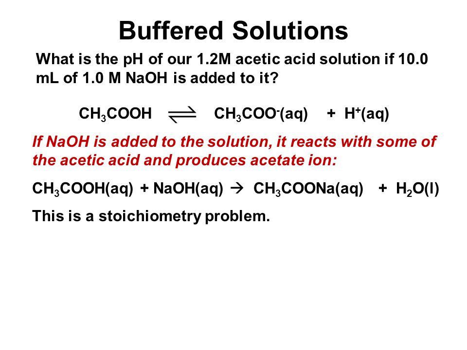 Unit 4-5: Acids and Bases 3 Buffered Solutions. What is the pH of our 1.2M acetic acid solution if 10.0 mL of 1.0 M NaOH is added to it