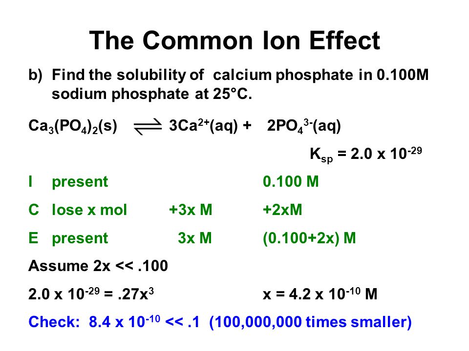 Unit 4-5: Acids and Bases 3 The Common Ion Effect. b) Find the solubility of calcium phosphate in 0.100M sodium phosphate at 25°C.
