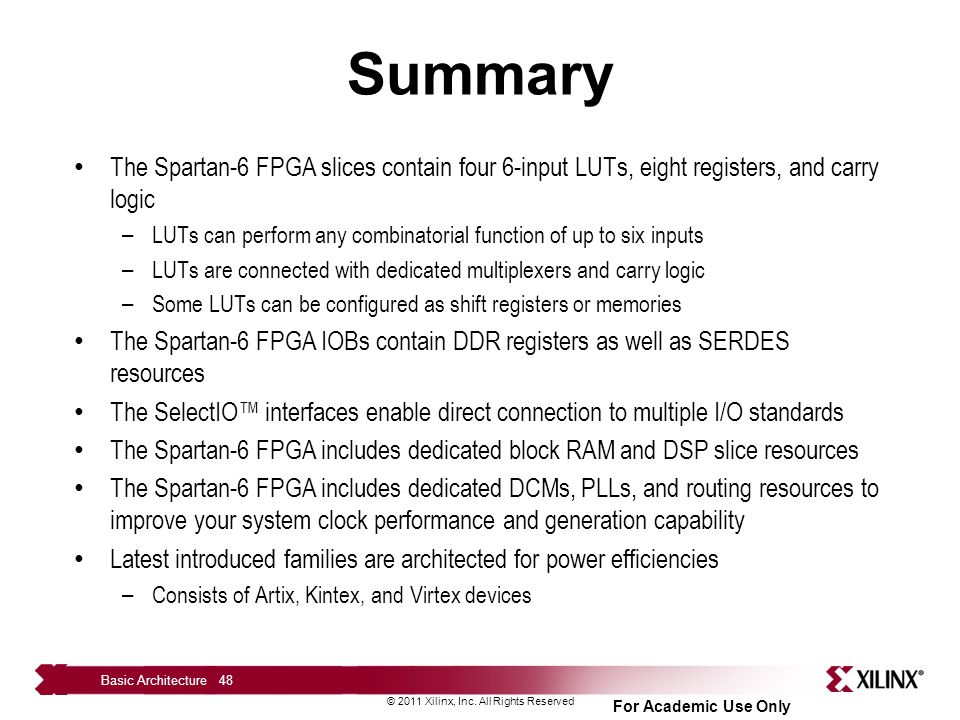 Summary The Spartan-6 FPGA slices contain four 6-input LUTs, eight registers, and carry logic.