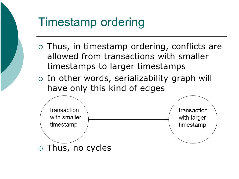 Timestamp ordering Thus, in timestamp ordering, conflicts are allowed from transactions with smaller timestamps to larger timestamps.